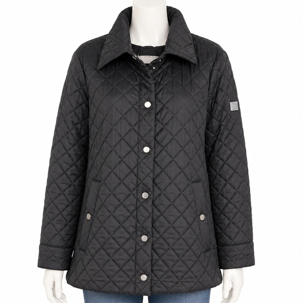 Anne Klein Womens XL Black Quilted Snap Front Barn Jacket Diamond Pattern Coat